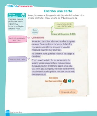 Taller de Comunicación
Escribo una carta
Antes de comenzar, lee con atención la carta de los chanchitos
creada por Matías Rojas, un niño de 2° básico como tú.
Saludo al destinatario
de la carta.
Contenido de la carta.
Despedida y firma.
Casa de ladrillos, verano de 2015
Querido Lobo:
Somos los chanchitos a los que usted tanto quiere
comerse. Estamos dentro de la casa de ladrillos
y no saldremos ni locos, pero como usted se
imaginará, estamos muy aburridos.
No tenemos libros para leer ni cartas para jugar al
chinchón.
Como usted también debe estar cansado de
soplar y soplar sin que se haya movido ni una
mosca, queríamos proponerle algo: si se va a su
casa y nos deja tranquilos, nosotros no le diremos
a nadie que hasta los pollitos mojados soplan más
fuerte que usted.
Con cariño.
Los tres chanchitos.
Lugar y fecha donde
se escribió la carta.
Texto
modelo
Inspira de manera
profunda e intenta
espirar muy
lentamente. Repite
esto tres veces.
Siento y
me conecto
202 doscientos dos
 