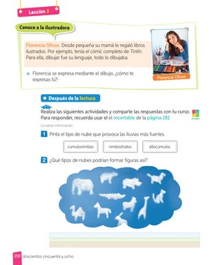 Después de la lectura
Realiza las siguientes actividades y comparte las respuestas con tu curso.
Para responder, recuerda usar el el recortable de la página 281
Localizar información
1 Pinta el tipo de nube que provoca las lluvias más fuertes.
cumulonimbos nimbostratos altocúmulos
2 ¿Qué tipos de nubes podrían formar figuras así?
¡A jugar!
Florencia se expresa mediante el dibujo, ¿cómo te
expresas tú?
Conoce a la ilustradora
Florencia Olivos. Desde pequeña su mamá le regaló libros
ilustrados. Por ejemplo, tenía el cómic completo de Tintín.
Para ella, dibujar fue su lenguaje, todo lo dibujaba.
Florencia Olivos
Lección 3
258 doscientos cincuenta y ocho
 