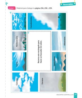 Recortables
Unidad 4 Material para trabajar la página 256, 258 y 259.
281
doscientos ochenta y uno
Recorta
este
rectángulo
para
hacer
un
buscador
de
nubes.
Cúmulos
Cirros
Nimbostratos
Altocúmulos
Cumulonimbos
Altostratos
Lenticulares
Estratos
 