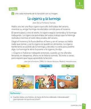 1
Desarrollo
2 Une cada momento de la narración con su imagen.
Jean de La Fontaine, francés
Había una vez una floja cigarra que solo disfrutaba del verano,
mientras su amiga hormiga recolectaba comida para el invierno.
El verano pasó y vino el otoño, la cigarra seguía cantando y la hormiga
trabajando. La cigarra se extrañaba del arduo trabajo que la hormiga
realizaba mientras el resto descansaba del verano.
Llegó el invierno y la lluvia deshizo el heno y en el campo no había
nada que comer, y así la cigarra se quedó sin alimentos. La cigarra
hambrienta se acordó de la hormiga y decidió ir a verla para pedirle
algo. La hormiga le abrió la puerta a la cigarra y le dijo:
—Cigarra si hubieras trabajado entonces, cuando yo me afanaba
llenando mi despensa, ahora no te faltaría comida. Te invito a cenar,
pero espero que hayas aprendido la lección.
Jean de la Fontaine. (1985). En Fábulas fabulosas. Madrid: Interediciones.
Cuando relatas una historia, ¿lo haces de forma ordenada o desordenada?,
¿qué opinarán los que te escuchan?
Reflexiono
Inicio Desarrollo Final
43
cuarenta y tres
Aplico
 