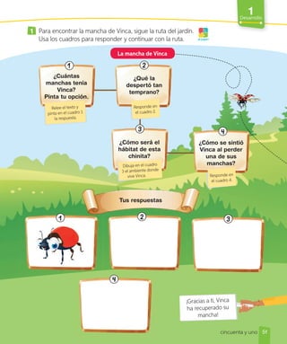 1
Desarrollo
Tus respuestas
2 3
1 2
3 4
4
La mancha de Vinca
1 Para encontrar la mancha de Vinca, sigue la ruta del jardín.
Usa los cuadros para responder y continuar con la ruta. ¡A jugar!
¡Gracias a ti, Vinca
ha recuperado su
mancha!
Relee el texto y
pinta en el cuadro 1
la respuesta.
¿Cuántas
manchas tenía
Vinca?
Pinta tu opción.
¿Qué la
despertó tan
temprano?
Responde en
el cuadro 2.
¿Cómo será el
hábitat de esta
chinita?
¿Cómo se sintió
Vinca al perder
una de sus
manchas?
Responde en
el cuadro 4.
Dibuja en el cuadro
3 el ambiente donde
vive Vinca.
1
51
cincuenta y uno
 