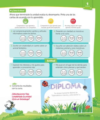 1
Cierre
¿Cómo lo hice?
1. Leí comprensivamente cuentos y artículos
informativos sobre los bichos.
2. Escribí con creatividad un cuento sobre un
animal fantástico.
. Escuché con atención relatos sobre un
misterioso animal y unos monstruos.
3. Presenté con claridad un monstruo
frente a mi curso.
• Expresé mis intereses y mis gustos para
aprender a conocerme más.
• Me puse en el lugar de los demás para
entender cómo piensan y qué sienten.
Ahora que terminaste la unidad evalúa tu desempeño. Pinta una de las
caritas de acuerdo con lo aprendido.
Comprendo lo que aprendí y
puedo explicarlo a un compañero.
Comprendo lo que aprendí, pero
necesito ayuda para explicarlo.
No estoy seguro de lo que
aprendí; necesito ayuda.
Actitud
77
Se otorga el presente diploma de
"Especialista en insectos y otros bichos" a:
"Especialista en insectos y otros bichos" a:
setenta y siete
Comenta los resultados
con tu curso.
¡Felicitaciones! Has
completado la unidad
¿Eres un bichólogo?
 