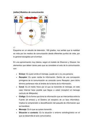 [editar] Modelos de comunicación




Esquema en un estudio de televisión, 180 grados, nos señala que la realidad
es vista por los medios de comunicación desde diferentes puntos de vista, por
lo general escogidos por el emisor.

En una aproximación muy básica, según el modelo de Shannon y Weaver, los
elementos que deben darse para que se considere el acto de la comunicación
son:

   •   Emisor: Es quien emite el mensaje, puede ser o no una persona.
   •   Receptor: Es quien recibe la información. Dentro de una concepción
       primigenia de la comunicación es conocido como Receptor, pero dicho
       término pertenece más al ámbito de la teoría de la información.
   •   Canal: Es el medio físico por el que se transmite el mensaje, en este
       caso Internet hace posible que llegue a usted (receptor) el mensaje
       (artículo de Wikipedia).
   •   Código: Es la forma que toma la información que se intercambia entre la
       Fuente (el emisor) y el Destino (el receptor) de un lazo informático.
       Implica la comprensión o decodificación del paquete de información que
       se transfiere.
   •   Mensaje: Es lo que se quiere transmitir.
   •   Situación o contexto: Es la situación o entorno extralingüístico en el
       que se desarrolla el acto comunicativo.
 