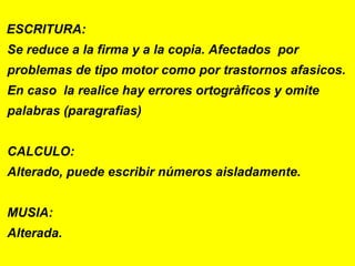 ESCRITURA: S e reduce a la firma y a la copia. Afectados  por  problemas de tipo motor como por trastornos afasicos.  En caso  la realice hay errores ortogràficos y omite  palabras (paragrafias) CALCULO: Alterado, puede escribir números aisladamente. MUSIA: Alterada. 