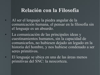 Relación con la Filosofía Al ser el lenguaje la piedra angular de la comunicación humana, el pensar en la filosofía sin el lenguaje es un absurdo. La comunicación de las principales ideas y cuestinamientos humanos, sin la capacidad de comunicarlos, no hubiesen dejado un legado en la historia del hombre, y nos hubiese condenado a ser seres primitivos. El lenguaje se ubica en una de las áreas menos primitivas del SNC: la neocorteza.  