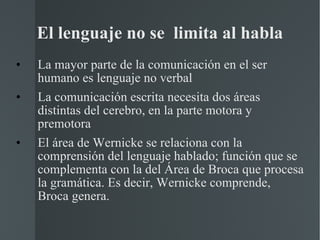 El lenguaje no se  limita al habla La mayor parte de la comunicación en el ser humano es lenguaje no verbal La comunicación escrita necesita dos áreas distintas del cerebro, en la parte motora y premotora El área de Wernicke se relaciona con la comprensión del lenguaje hablado; función que se complementa con la del Área de Broca que procesa la gramática. Es decir, Wernicke comprende, Broca genera. 