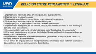 RELACIÓN ENTRE PENSAMIENTO Y LENGUAJE
1.El pensamiento no sólo se refleja en el lenguaje, sino que lo determina.
2.El pensamiento precisa el lenguaje.
3.El lenguaje transmite los conceptos, juicios y raciocinios del pensamiento.
4.El pensamiento se conserva y se fija a través del lenguaje.
5.El lenguaje ayuda al pensamiento a hacerse cada vez más concreto.
6.El pensamiento es la pasión del ser racional, del que procura descubrir hasta lo más mínimo y lo
convierte en un conocimiento.
7. El pensamiento involucra una estructura conocida como “la estructura del pensamiento”
8. El lenguaje es simplemente un manejo de símbolos (dígase codificación), el pensamiento es un
acondicionador del lenguaje.
9.El pensamiento es el límite a la acción inconsciente, generada en la mayoría de los casos por
mensajes errados o mal interpretados.
10. Las formas del lenguaje se basan en el pensamiento, sin embargo estas no tienen una relación
de paralelismo, sino que son mutuamente dependientes.
 