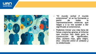 • “El mundo verbal # mundo
extensional” el se ha formando a
partir de todas la
representaciones externas que
llegan y a su vez ayudan a dar
significado al extensional.
• Podemos iniciar una vida llena de
falsas creencias gracias al informe
que muchos han dado para la
construcción de significados.
(Ojo, pulsera roja, gato negro,
etc) relación entre el símbolo y
lo simbolizado
 