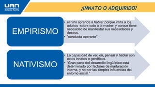 ¿INNATO O ADQUIRIDO?
• el niño aprende a hablar porque imita a los
adultos -sobre todo a la madre- y porque tiene
necesidad de manifestar sus necesidades y
deseos.
• "conducta operante"
EMPIRISMO
• La capacidad de ver, oír, pensar y hablar son
actos innatos o genéticos.
• “Gran parte del desarrollo lingüístico está
determinado por factores de maduración
interna, y no por las simples influencias del
entorno social.”
NATIVISMO
 