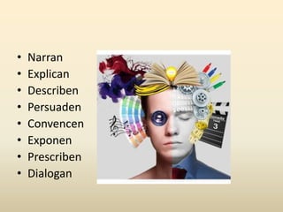 • Narran
• Explican
• Describen
• Persuaden
• Convencen
• Exponen
• Prescriben
• Dialogan