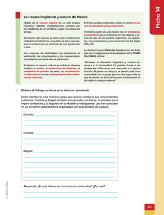 101
1.	 Elabora el diálogo con base en la situación planteada.
Doña Dionisia es una cocinera yaqui que quiere compartir sus conocimientos
culinarios. Clotilde y Abigail también son grandes cocineras: la primera en la
región purépecha y la segunda en la Huasteca hidalguense. Las tres coinciden
en un certamen gastronómico organizado por la Secretaría de Cultura.
Dionisia: 


Clotilde: 


Abigail: 





•	 Responde. ¿En qué idioma se comunicarían entre ellas? ¿Por qué?


Hablar de la riqueza cultural de un país implica
reconocer distintas manifestaciones creadas por
los habitantes de un territorio o lugar a lo largo del
tiempo.
Reconocer esta riqueza es darle valor al patrimonio
material e inmaterial de un pueblo; es decir, que per-
dure la cultura que se transmite de una generación
a otra.
Las creencias, las festividades, las costumbres, la
vestimenta, los conocimientos y las representacio-
nes artísticas son parte de ese patrimonio.
En México, la riqueza cultural es visible en diversos
ámbitos: la música, la elaboración de alimentos, la
confección de prendas de vestir, las manifestacio-
nes literarias e incluso la interpretación de los fenó-
menos naturales.
Entre los pueblos originarios, existe un fuerte vínculo
con la naturaleza y su preservación.
Formamos parte de una nación rica en tradiciones
y costumbres que se nutrieron con los saberes y for-
mas de vida de los pueblos originarios, los españo-
les, los novohispanos y los mexicanos de los siglos
XIX y XX.
La doctora Lucero Meléndez Guadarrama, del Insti-
tuto de Investigaciones Antropológicas de la UNAM
(IIA-UNAM), afirma:
“Mantener la diversidad lingüística y cultural en-
riquece a la humanidad. Es positivo frente a las
tendencias unificadoras que responden a la globa-
lización. Al perder una lengua, se pierde parte de la
cosmovisión de un grupo, pero lo más importante es
que se pierde un derecho humano fundamental, el
de hablar tu lengua materna”.
La riqueza lingüística y cultural de México
Ficha
14
 