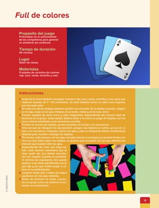 13
Full de colores
Instrucciones
1.	Antes de la clase deberán conseguir cartulina roja, azul, verde, amarilla y rosa, para que
elaboren tarjetas de 7 × 15 centímetros. En total deberán llevar al salón cinco tarjetas,
una de cada color.
2.	En cada una de las tarjetas deberán escribir una emoción. En la tarjeta amarilla, alegría;
en la roja, enojo; en la azul, tristeza; en la verde, miedo y en la rosa, amor.
3.	Formen equipos de entre cinco y siete integrantes, dependiendo del número total de
alumnos en el grupo. Cada equipo deberá tener a la mano su juego de tarjetas con los
cinco colores solicitados y las emociones escritas.
4.	Formen un círculo por equipo, ya sea sentados en el piso o en sus bancas.
5.	Una vez que se coloquen en esa posición, pongan sus tarjetas al centro, ya sea en el
piso o en una banca. Después, cierren los ojos y solo un integrante deberá mantenerlos
abiertos para revolver o barajar las tarjetas.
6.	Por turnos, cada alumno con los ojos cerrados sacará una tarjeta y la pondrá frente a él.
Una vez que todos elijan sus tarjetas, el alumno que se quedó con los ojos abiertos les
indicará que pueden abrir los ojos.
7.	Dependiendo del color que haya sa-
lido, cada alumno comentará qué lo
hace sentir así. Los demás escucha-
rán con respeto. Cuando el compañe-
ro termine de expresarse, otro puede
platicar si se siente identificado con lo
que dijo y por qué. Eviten juzgar o cri-
ticar en su participación.
8.	Jueguen hasta que a todos les toque
quedarse con los ojos abiertos.
9.	Antes de terminar la clase, comen-
ten en grupo cómo se sintieron al ex-
presar sus emociones.
Propósito del juego
Profundizar en el conocimiento
de los compañeros para generar
un ambiente de confianza.
Tiempo de duración
40 minutos
Lugar
Salón de clases
Materiales
5 tarjetas de cartulina de colores:
rojo, azul, verde, amarillo y rosa
 