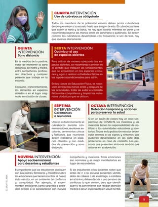 Es importante que los estudiantes platiquen
con sus padres, familiares y maestros sobre
las emociones que tienen al entrar al nuevo
ciclo escolar, en un ambiente de confian­
za
y tranquilidad. Por ejemplo, si experi­
mentan emociones como sorpresa o ansie­
dad debido a la socialización con nuevos
Todos los miembros de la población escolar deben portar cubrebocas
­
desde que entran a la escuela hasta que salgan de ella. El cubre­
bocas tiene
que cubrir la nariz y la boca, no hay que tocarlo mientras se porte y se
reco­
mienda lavarse las manos antes de ponérselo o quitárselo. Se deben
­
cambiar los cubrebocas desechables con frecuencia; si son de tela, hay
que lavarlos diariamente.
En la medida de lo posible,
tratar de mantener la sana
distancia, de metro y medio,
entre compañeros, profeso­
res, directivos y cualquier
persona que trabaje en la
escuela.
Consumir, preferentemente,
los alimentos en espacios
abiertos o en el lugar asig­
nado en el salón de clases.
Utilizar en todo momento el
cubrebocas durante con­
memoraciones, reuniones es­
colares, ceremonias cívicas
­
y 
festivales. Las reuniones
de­
ben realizarse en espa­
cios abiertos y con medi­
das de prevención y sana
distancia.
Si en un salón de clases hay un caso sos­
pechoso de COVID-19, los maestros y las
maestras tienen la responsabilidad de no­
tificar a las autoridades educativas y sani­
tarias. Todos en la población escolar deben
estar atentos a los signos y síntomas que
pudieran desarrollarse en los siete días
posteriores en caso de contacto. Las per­
sonas que presenten síntomas tendrán que
aislarse en su domicilio.
SEXTA INTERVENCIÓN
Optimizar el uso
de espacios abiertos
NOVENA INTERVENCIÓN
Apoyo socioemocional
para docentes y estudiantes
SÉPTIMA
INTERVENCIÓN
Ceremonias
o reuniones
CUARTA INTERVENCIÓN
Uso de cubrebocas obligatorio
QUINTA
INTERVENCIÓN
Sana distancia
OCTAVA INTERVENCIÓN
Detección temprana y acciones
para preservar la salud
compañeros y maestros. Estas emociones
son normales y es mejor manifestarlas en
lugar de esconderlas.
Si los estudiantes o los docentes notan que
antes de ir a la escuela presentan vómito,
dolor de cabeza o de estómago, o cambios
en el ánimo, deben decirle a una persona de
confianza lo que sienten, para que identifi­
quen si es conveniente que reciban atención
médica o de un especialista en salud mental.
5
Para utilizar de manera adecuada los es­
pacios abiertos, se recomienda caminar en
el sentido que indiquen los señalamientos
que se encuentran en los espacios comu­
nes y jugar o realizar actividades físicas en
los lugares acondicionados para tal fin.
En las clases de Educación Física, es nece­
sario lavarse las manos antes y después de
las actividades, tratar de evitar el contacto
físico entre compañeros y limpiar los mate­
riales didácticos que se utilicen.
 