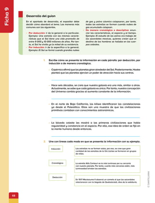68
Ficha
9
1.	 Escribe cómo se presenta la información en cada párrafo: por deducción, por
inducción o de manera cronológica.
•	 CopérnicoafirmóquelosplanetasgiranalrededordelSol.Posteriormente,Hooke
planteó que los planetas ejercían un poder de atracción hacia sus centros. 	
                                  
•	 Hace seis décadas, se creía que nuestra galaxia era una más, similar a otras.
Actualmente, se sabe que cada galaxia es única. Por tanto, nuestra concepción
del Universo cambia gracias al aumento constante de la información.
                                  
•	 En el norte de Baja California, los kiliwa identificaron las constelaciones
ya desde el Paleolítico. Ellos son una muestra de que las civilizaciones
primitivas contaban con conocimientos astronómicos.
                                  
•	 La bóveda celeste les mostró a las primeras civilizaciones que había
regularidad y constancia en el espacio. Por ello, esa idea de orden se fijó en
la mente humana desde entonces.
                                  	
	
2.	 Une con líneas cada modo en que se presenta la información con su ejemplo.
En el apartado de desarrollo, el expositor debe
decidir cómo abordará el tema. Las maneras más
comunes son las siguientes.
•	 Por deducción: ir de lo general a lo particular.
Ejemplo: Una estrella con las mismas caracte-
rísticas que el Sol tiene una vida promedio de
entre 9 000 y 10 000 millones de años. Por tan-
to, el Sol ha vivido ya la mitad de su existencia.
•	 Por inducción: ir de lo específico a lo general.
Ejemplo: El Sol se formó cuando grandes nubes
de gas y polvo cósmico colapsaron, por tanto,
todas las estrellas se forman cuando nubes de
gas acumulado colapsan.
•	 De manera cronológica o descriptiva: enun-
ciar las características, el espacio y el tiempo.
Ejemplo: El estudio de los astros era trabajo de
los sacerdotes mexicas, quienes creían que el
destino de los hombres se hallaba en los cuer-
pos celestes.
Desarrollo del guion
Inducción Las estrellas no se forman solas, por eso, se cree que gran
cantidad de las estrellas de la Vía Láctea se formaron en grupos
de miles.
La estrella Alfa Centauri es la más luminosa por su cercanía
con nuestro planeta. Por tanto, cuanto más cercanas estén, más
luminosidad brindan las estrellas.
En 1517 Moctezuma II observó un cometa al que los sacerdotes
relacionaron con la llegada de Quetzalcóatl, dios de la sabiduría.
Cronológica
Deducción
 