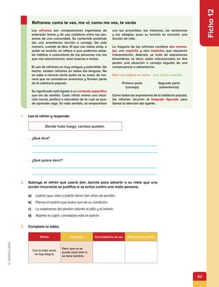 83
Ficha
12
Los refranes son composiciones ingeniosas de
extensión breve y de uso cotidiano entre las per-
sonas de una comunidad. Su contenido pretende
dar una enseñanza, lección o consejo. De esta
manera, cuando se dice: El que con lobos anda, a
aullar se enseña, se refiere a que podemos adop-
tar hábitos o costumbres de las personas con las
que nos relacionamos, sean buenos o malos.
El uso de refranes es muy antiguo y extendido. De
hecho, existen refranes en todas las lenguas. No
se sabe a ciencia cierta quién es su autor, de ma-
nera que se consideran anónimos y forman parte
de la sabiduría popular.
Su significado está ligado a un contexto específico
que les da sentido. Cada refrán revela una situa-
ción social, política o educativa de la cual se pue-
de aprender algo. En este sentido, se emparentan
con los proverbios, las máximas, las sentencias
y los adagios, pues su función es enunciar una
lección de vida.
La mayoría de los refranes contiene dos mensa-
jes, uno explícito y otro implícito, que requieren
interpretación. Además, se trata de expresiones
bimembres; es decir, están estructuradas en dos
partes: una situación o consejo seguido de una
consecuencia o advertencia.
Más vale pájaro en mano  que ciento volando
	 Primera parte	 Segunda parte
	(consejo)	 (advertencia)
Como todas las expresiones de la sabiduría popular,
los refranes recurren al lenguaje figurado para
llamar la atención del oyente.
Refranes: como te ves, me vi; como me ves, te verás
1.	 Lee el refrán y responde.
•	 ¿Qué dice?
•	 ¿Qué quiere decir?
2.	 Subraya el refrán que usaría don Jacinto para advertir a su nieto que una
acción incorrecta se justifica si se actúa contra una mala persona.
a)	 Ladrón que roba a ladrón tiene cien años de perdón.
b)	 Piensa el ladrón que todos son de su condición.
c)	 La esperanza del perdón alienta al pillo y al ladrón.
d)	 Abierto el cajón, convidado está el ladrón.
3.	 Completa la tabla.
Refrán Propósito Circunstancia de uso Persona que lo diría
Con la tripa vacía,
no hay alegría.
Decir que no se
puede estar bien si
se tiene hambre.
Donde hubo fuego, cenizas quedan.
 