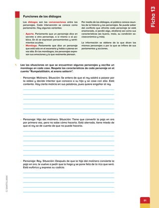91
Ficha
13
1.	 Lee las situaciones en que se encuentran algunos personajes y escribe un
monólogo en cada caso. Respeta las características de cada personaje en el
cuento “Rumpelstiltskin, el enano saltarín”.
•	 Personaje: Molinero. Situación: Se entera de que el rey saldrá a pasear por
la aldea y decide intentar que conozca a su hija y se case con ella. Está
contento. Hay cierta malicia en sus palabras, pues quiere engañar al rey.
•	 Personaje: Hija del molinero. Situación: Tiene que convertir la paja en oro
por primera vez, pero no sabe cómo hacerlo. Está aterrada, tiene miedo de
que el rey se dé cuenta de que no puede hacerlo.
•	 Personaje: Rey. Situación: Después de que la hija del molinero convierte la
paja en oro, le vuelve a pedir que lo haga y se pone feliz de lo rico que será.
Está eufórico y expresa su codicia.
Los diálogos son las conversaciones entre los
personajes. Cada intervención se conoce como
parlamento. Hay algunas variantes:
•	 Aparte. Parlamento que un personaje dice en
secreto a otro personaje, a sí mismo o al pú-
blico. En él se expresan pensamientos y senti-
mientos ocultos.
•	 Monólogo. Parlamento que dice un personaje
que está solo en el escenario y habla o piensa en
voz alta. En los monólogos, los personajes expre-
san sus emociones y lo que realmente piensan.
Por medio de los diálogos, el público conoce asun-
tos de la historia y los personajes. Se puede saber
del conflicto que afronta cada personaje (si está
enamorado, si perdió algo, etcétera) así como sus
características (es bueno, malo, su condición so-
cioeconómica y más).
La información se obtiene de lo que dicen los
mismos personajes o por lo que se infiere de sus
parlamentos y acciones.
Funciones de los diálogos
 
