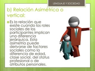 LENGUAJE Y SOCIEDAD

b) Relación Asimétrica o
vertical:
 Esla relación que
 existe cuando los roles
 sociales de los
 participantes implican
 una diferencia
 jerárquica. Esta
 asimetría puede
 derivarse de factores
 sociales como la
 diferencia de edad,
 clase social, del status
 profesional o de
 atributos personales.
 