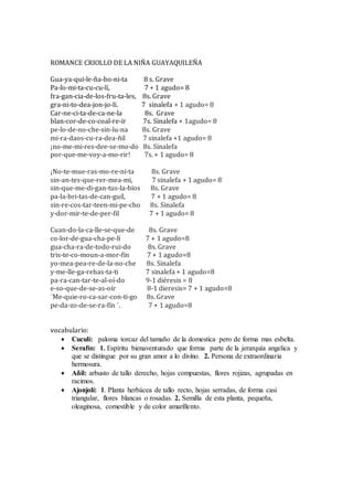 ROMANCE CRIOLLO DE LA NIÑA GUAYAQUILEÑA 
Gua-ya-qui-le-ña-bo-ni-ta 8 s. Grave 
Pa-lo-mi-ta-cu-cu-lí, 7 + 1 agudo= 8 
fra-gan-cia-de-los-fru-ta-les, 8s. Grave 
gra-ni-to-dea-jon-jo-lí. 7 sinalefa + 1 agudo= 8 
Car-ne-ci-ta-de-ca-ne-la 8s. Grave 
blan-cor-de-co-coal-re-ír 7s. Sinalefa + 1agudo= 8 
pe-lo-de-no-che-sin-lu-na 8s. Grave 
mi-ra-daos-cu-ra-dea-ñil 7 sinalefa +1 agudo= 8 
¡no-me-mi-res-dee-se-mo-do 8s. Sinalefa 
por-que-me-voy-a-mo-rir! 7s. + 1 agudo= 8 
¡No-te-mue-ras-mo-re-ni-ta 8s. Grave 
sin-an-tes-que-rer-mea-mi, 7 sinalefa + 1 agudo= 8 
sin-que-me-di-gan-tus-la-bios 8s. Grave 
pa-la-bri-tas-de-can-guil, 7 + 1 agudo= 8 
sin-re-cos-tar-teen-mi-pe-cho 8s. Sinalefa 
y-dor-mir-te-de-per-fil 7 + 1 agudo= 8 
Cuan-do-la-ca-lle-se-que-de 8s. Grave 
co-lor-de-gua-cha-pe-lí 7 + 1 agudo=8 
gua-cha-ra-de-todo-rui-do 8s. Grave 
tris-te-co-moun-a-mor-fin 7 + 1 agudo=8 
yo-mea-pea-re-de-la-no-che 8s. Sinalefa 
y-me-lle-ga-rehas-ta-ti 7 sinalefa + 1 agudo=8 
pa-ra-can-tar-te-al-oí-do 9-1 diéresis = 8 
e-so-que-de-se-as-oír 8-1 dieresis= 7 + 1 agudo=8 
¨Me-quie-ro-ca-sar-con-ti-go 8s. Grave 
pe-da-zo-de-se-ra-fín ¨. 7 + 1 agudo=8 
vocabulario: 
 Cuculí: paloma torcaz del tamaño de la domestica pero de forma mas esbelta. 
 Serafín: 1. Espíritu bienaventurado que forma parte de la jerarquía angelica y 
que se distingue por su gran amor a lo divino. 2. Persona de extraordinaria 
hermosura. 
 Añil: arbusto de tallo derecho, hojas compuestas, flores rojizas, agrupadas en 
racimos. 
 Ajonjolí: 1. Planta herbácea de tallo recto, hojas serradas, de forma casi 
triangular, flores blancas o rosadas. 2. Semilla de esta planta, pequeña, 
oleaginosa, comestible y de color amarillento. 
 