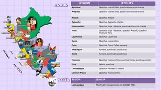 ANDES
REGIÓN LENGUAS
Apurimac Quechua cusco Collao, quechua Ayacucho chanka
Arequipa Quechua cusco Collao, quechua Ayacucho chanka
Ancash Quechua Ancash
Ayacucho Quechua Ayacucho chanka
Huancavelica Quechua jauja – Huanca, quechua Ayacucho chanka
Junín Quechua jauja – Huanca, quechua Ancash, Quechua
Huanuco Yanu
Cajamarca Quechua Cajamarca
Cusco Quechua cusco collao
Puno Quechua Cusco Collao, aymara.
Moquegua Aymara, quechua Cusco Collao
Tacna Aymara, quechua Cusco Collao
Huánuco Quechua Huanuco Yaru, quechua lamas, quechua Ancash
Lima Jakaru, quechua
Lambayeque Quechua inkawasi – Kañaris
Cerro de Pasco Quechua Huanuco Yaru
REGIÓN LENGUA
Lambayeque Mochik ( En recuperación por ALMQ Y DREL
COSTA
 