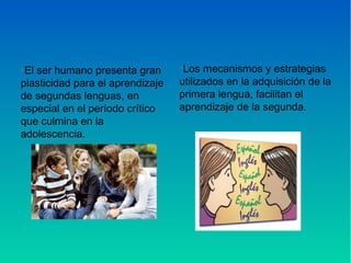 •El ser humano presenta gran
plasticidad para el aprendizaje
de segundas lenguas, en
especial en el período crítico
que culmina en la
adolescencia.
•Los mecanismos y estrategias
utilizados en la adquisición de la
primera lengua, facilitan el
aprendizaje de la segunda.
 