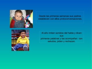 Desde las primeras semanas sus padres
establecen con ellos protoconversaciones.
Al año imitan sonidos del habla y dicen
sus
primeras palabras y las acompañan con
saludos, piden y rechazan.
 