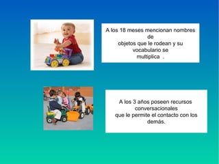 A los 18 meses mencionan nombres
de
objetos que le rodean y su
vocabulario se
multiplica .
A los 3 años poseen recursos
conversacionales
que le permite el contacto con los
demás.
 
