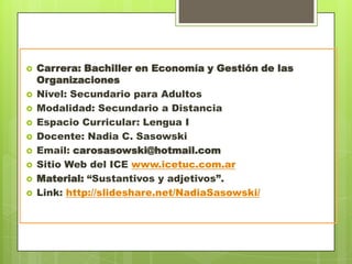









Carrera: Bachiller en Economía y Gestión de las
Organizaciones
Nivel: Secundario para Adultos
Modalidad: Secundario a Distancia
Espacio Curricular: Lengua I
Docente: Nadia C. Sasowski
Email: carosasowski@hotmail.com
Sitio Web del ICE www.icetuc.com.ar
Material: “Sustantivos y adjetivos”.
Link: http://slideshare.net/NadiaSasowski/

 