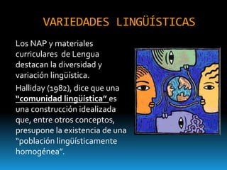 VARIEDADES LINGÜÍSTICAS
Los NAP y materiales
curriculares de Lengua
destacan la diversidad y
variación lingüística.
Halliday (1982), dice que una
“comunidad lingüística” es
una construcción idealizada
que, entre otros conceptos,
presupone la existencia de una
“población lingüísticamente
homogénea”.
 
