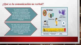 Es cuando se transmiten
mensajes haciendo uso
de signos no lingüísticos. Este
es el tipo de comunicación
más antigua, pues era la forma
en la que se comunicaban las
personas cuando no existía el
lenguaje.
Por esta razón, la comunicación
no verbal generalmente lo que
busca es reforzar el mensaje
que se transmite verbalmente.
Así, el receptor puede hacer una
mejor decodificación del
mensaje.
¿Qué es la comunicación no verbal?
 