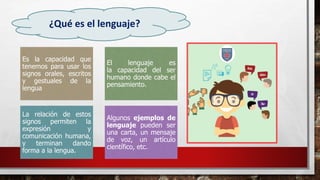 Es la capacidad que
tenemos para usar los
signos orales, escritos
y gestuales de la
lengua
El lenguaje es
la capacidad del ser
humano donde cabe el
pensamiento.
La relación de estos
signos permiten la
expresión y
comunicación humana,
y terminan dando
forma a la lengua.
Algunos ejemplos de
lenguaje pueden ser
una carta, un mensaje
de voz, un artículo
científico, etc.
¿Qué es el lenguaje?
 