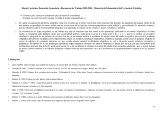 Diseño Curricular Educación Secundaria - Documento de Trabajo 2009-2010 - Ministerio de Educación de la Provincia de Córdoba


                     Paráfrasis para clarificar la comprensión (decir lo mismo de otra manera).
                     Escritura con restricciones (por ejemplo: reescribir la oración empezando por…).

         □     En cuanto a la adquisición del sistema ortográfico, cabe tener presente que el mismo está inserto en los procesos más generales de adquisición del lenguaje escrito, de allí
               que plantear su aprendizaje de manera aislada esto es, desvinculado de los aspectos semántico-pragmáticos resulta “artificial” y poco redituable. Es importante, entonces,
               que las reflexiones sobre la convencionalidad ortográfica sean abordadas en relación con las estructuras léxicas, semánticas y textuales.
         □     La enseñanza de las reglas ortográficas es útil, siempre que surja de situaciones que den sentido a este aprendizaje, justificando su necesidad e importancia. De todos
               modos, su enseñanza suele abordarse desde una secuencialidad (primero, reglas para el uso de b, v; luego para el de c, s, z, …) que no se condice con el carácter
               simultáneo e integral de las necesidades de escritura. Por ello, se recomienda explorar la posibilidad de agrupar varias dificultades ortográficas para construir problemas
               ortográficos directamente vinculados con los requerimientos del uso. Un ejemplo lo constituyen los problemas ortográficos asociados con las clases de palabras: ortografía de
               verbos, de adjetivos, de sustantivos abstractos, etc. que permiten abordar variedad de dificultades ortográficas “en red” e integrando aspecto sintácticos, semánticos y
               pragmáticos. Por ejemplo: en vez de abordar por separado las reglas ortográficas referidas a las palabras terminadas en bilidad (uso de la B) y las que corresponden a las
               terminaciones anza-eza (uso de la Z) y ancia-encia (uso de C), se las considerará en conjunto, en ocasión del estudio de los sustantivos abstractos , que –a su vez- derivan
               de verbos (confiar–confianza) o de adjetivos (inteligente, inteligencia) lo que dará oportunidad –a su vez- de detenerse en las particularidades ortográficas de las “palabras
               madre”.


5. Bibliografía

▫    Actis, B (2004). Taller de lengua: de la oralidad a la lectura y a la escritura (2da. ed). Rosario, Argentina: Homo Sapiens
▫    Alvarado, M. (1997). Escritura e invención en la escuela. En AA.VV. Los CBC y la enseñanza de la lengua. Buenos Aires: AZ editora
▫    Alvarado, M. (2001). Enfoques de la enseñanza de la escritura. En Alvarado, M. (comp.). Entre líneas. Teorías y enfoques en la enseñanza de la escritura, la gramática y la literatura. Buenos Aires:
     Manantial
▫    Barthes, R. (1995). El placer del texto. México: Siglo Veintiuno Editores
▫    Battilana, C. y Setton, Y. (1997). La experiencia poética: lectura y escritura en la escuela. En C. Battilana y G. Bombini (eds.) Voces de un campo problemático. Actas del Primer Congreso Nacional de
     Didáctica de la lengua y la literatura. La Plata, Argentina
▫    Bixio, B. (2003). Pasos hacia una Didáctica sociocultural de la Lengua y la Literatura: Sociolingüística y educación, un campo tensionado. En Lulú Coquette. Revista de Didáctica de la Lengua y la
     Literatura. 1 (2). Barcelona: Octaedro
▫    Bombini, G. (1989). La trama de los textos. Problemas de la enseñanza de la literatura. Buenos Aires: Libros del Quirquincho
▫    Bombini, G. (1994). Otras Tramas. Sobre la enseñanza de la lengua y la literatura. Rosario, Argentina: Homo Sapiens


                                                                                                                                                                                                         28
 