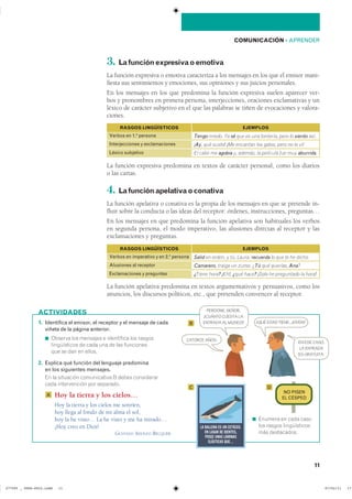 1. Identifica el emisor, el receptor y el mensaje de cada
viñeta de la página anterior.
◾ Observa los mensajes e identifica los rasgos
������������ �� ���� ��� �� ��� ���������
que se dan en ellos.
2. Explica qué función del lenguaje predomina
en los siguientes mensajes.
En la situación comunicativa B debes considerar
cada intervención por separado.
Hoy la tierra y los cielos…
Hoy la tierra y los cielos me sonríen,
hoy llega al fondo de mi alma el sol,
hoy la he visto… La he visto y me ha mirado…
¡Hoy creo en Dios!
GUSTAVO ADOLFO BÉCQUER
COMUNICACIÓN ��APRENDER
3. Lafunciónexpresivaoemotiva
La función expresiva o emotiva caracteriza a los mensajes en los que el emisor mani-
fiesta sus sentimientos y emociones, sus opiniones y sus juicios personales.
En los mensajes en los que predomina la función expresiva suelen aparecer ver-
bos y pronombres en primera persona, interjecciones, oraciones exclamativas y un
léxico de carácter subjetivo en el que las palabras se tiñen de evocaciones y valora-
ciones.
La función expresiva predomina en textos de carácter personal, como los diarios
o las cartas.
4. Lafunciónapelativaoconativa
La función apelativa o conativa es la propia de los mensajes en que se pretende in-
fluir sobre la conducta o las ideas del receptor: órdenes, instrucciones, preguntas…
En los mensajes en que predomina la función apelativa son habituales los verbos
en segunda persona, el modo imperativo, las alusiones directas al receptor y las
exclamaciones y preguntas.
La función apelativa predomina en textos argumentativos y persuasivos, como los
anuncios, los discursos políticos, etc., que pretenden convencer al receptor.
Verbos en 1.a
persona
RASGOS LINGÜÍSTICOS EJEMPLOS
Tengo miedo. Ya sé que es una tontería, pero lo siento así.
Interjecciones y exclamaciones ¡Ay, qué susto! ¡Me encantan los gatos, pero no lo vi!
Léxico subjetivo El calor me agobia y, además, la película fue muy aburrida.
Verbos en imperativo y en 2.a
persona
RASGOS LINGÜÍSTICOS EJEMPLOS
Salid en orden, y tú, Laura, recuerda lo que te he dicho.
Alusiones al receptor Camarero, traiga un zumo. ¿Tú qué querías, Ana?
Exclamaciones y preguntas ¿Tiene hora? ¡Eh!, ¿qué hace? ¡Solo he preguntado la hora!
11
ACTIVIDADES
◾ Enumera en cada caso
��� ������ ������������
más destacados.
CATORCE AÑOS.
B
C D
A
NO PISEN
EL CÉSPED
¿QUÉ EDAD TIENE, JOVEN?
LA BALLENA ES UN CETÁCEO.
EN LUGAR DE DIENTES,
POSEE UNAS LÁMINAS
ELÁSTICAS QUE…
EN ESE CASO,
LA ENTRADA
ES GRATUITA.
PERDONE, SEÑOR,
¿CUÁNTO CUESTA LA
ENTRADA AL MUSEO?
���������������������������� ��������������
 