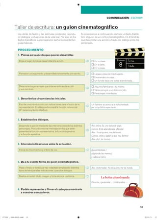 PROCEDIMIENTO
COMUNICACIÓN ��ESCRIBIR
13
Taller de escritura: un guion cinematográfico
1. Piensa en la acción que quieres desarrollar.
Las obras de teatro y las películas pretenden reprodu-
cir diálogos y situaciones de la vida real. Por eso, en los
textos dramáticos suelen aparecer las funciones del len-
guaje básicas.
Te proponemos a continuación elaborar un texto dramá-
tico: el guion de un corto cinematográfico. En él tendrás
que desarrollar una acción a través del diálogo entre los
personajes.
Elige el lugar donde se desarrollará la acción.
Determina los personajes que intervendrán en la acción
y sus nombres.
En tu clase.
En la calle.
En tu casa.
2. Describe las circunstancias iniciales.
Escribe una introducción con indicaciones para el inicio de la
representación. En ellas predominará la función referencial
(3.a
persona y léxico objetivo).
Un hombre se acerca a la bolsa rodeado
por un público expectante…
4. Intercala indicaciones sobre la actuación.
������ ��� ����������� � �� ���� �� ���� (Levantándose.)
(Agitando las manos.)
(Todos se ríen.)
3. Establece los diálogos.
Desarrolla la acción mediante las intervenciones de los distintos
personajes. Procura combinar mensajes en los que estén
presentes la función representativa, la función expresiva
y la función apelativa.
ANA. Mira. Es una bolsa de viaje.
CARLOS. Está abandonada. ¡Ábrela!
ANA. Yo no quiero, me da miedo.
CARLOS. ¡Vete a saber lo que hay dentro!
ANA. ¡Ay!, se mueve…
6. Podéis representar o filmar el corto para mostrarlo
a vuestros compañeros.
5. Da a tu escrito forma de guion cinematográfico.
Pasa a limpio el texto que has redactado empleando distintos
tipos de letra para las indicaciones y para los diálogos.
ANA. (Aterrada.) Yo no quiero, me da miedo.
Realiza el cartel: título, imagen y ficha técnica y artística.
La bolsa abandonada
Director y guionista: …; Intérpretes: …
Algunos familiares y tú mismo.
Varios amigos y un desconocido.
Personajes inventados.
Piensa en un argumento y desarróllalo brevemente por escrito. Llegas a casa de madrugada…
Emprendes un viaje…
Un turista deja una bolsa abandonada…
���������������������������� ��������������
 