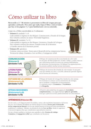 2
Cómo utilizar tu libro
Bienvenido a 2.º. Mi misión es presentarte tu libro de Lengua para que
aprendas a utilizarlo. Pero antes que nada, hojea el libro y mira el índice
que hay en las páginas 4 y 5 para familiarizarte con su contenido.
Como ves, el libro está dividido en 3 volúmenes:
� Volumen I: unidades 1 a 6.
Cada unidad se organiza en dos bloques: Comunicación y Estudio de la lengua.
Este volumen contiene un anexo: Diversidad lingüística.
� Volumen II: unidades 7 a 12.
Cada unidad se organiza en dos bloques: Literatura y Estudio de la lengua.
Este volumen contiene dos anexos: Grandes temas de la literatura
y Grandes autores de la literatura juvenil.
� Volumen III: apéndices.
Contiene varias secciones: Textos para el desarrollo de las competencias básicas,
Técnicas de trabajo, Gramática, Leer un libro y Conjugación verbal.
El bloque de Comunicación lleva unas bandas de color verde.
En esta parte del libro podrás leer, escribir y hablar, y podrás observar
qué características tienen los textos que manejas habitualmente:
las narraciones, las descripciones, los diálogos, las argumentaciones…
Encontrarás también muchas lecturas interesantes.
COMUNICACIÓN
(VolumenI)
[Unidades1a6]
El bloque de Literatura lleva bandas de color morado. Es una parte
en la que también vas a leer y a escribir, además de aprender algunos
de los secretos de la literatura.
LITERATURA
(VolumenII)
[Unidades7a12]
El bloque de Estudio de la lengua lleva bandas de color naranja.
En él entrarás en contacto con los instrumentos de la lengua
que te ayudarán a comprender su funcionamiento
y a expresarte mejor: la Gramática, el Vocabulario
y la Ortografía.
ESTUDIODELALENGUA
(VolúmenesIyII)
[Unidades1a12]
OTRASSECCIONES
(VolúmenesIyII)
[Unidades1a12]
Al �nal de cada unidad hay dos páginas de Actividades
complementarias y una página llamada Aplica lo aprendido,
en la que a partir de un texto podrás demostrar tus conocimientos.
APÉNDICES(VolumenIII)
En este curso, y a lo largo de toda la Secundaria, vamos a dar muchísima importancia a la lectura.
Por eso, en el volumen III hallarás un extenso bloque de textos (Textos para el desarrollo
de las competencias básicas) con los que podrás practicar la lectura de textos periodísticos,
académicos y cotidianos. Además, encontrarás la sección Leer un libro, donde te sugerimos
la lectura de algunas obras que consideramos especialmente atractivas.
En este volumen también se incluyen unos apéndices sobre Técnicas de trabajo,
Gramática y Conjugación verbal, que consultarás con frecuencia.
��������������������������� ���������������
 