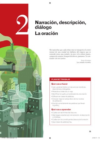 23
Me reprochas que cada relato mío te transporte al centro
mismo de una ciudad sin hablarte del espacio que se
extiende entre una ciudad y la otra: si lo cubren mares,
camposdecenteno,bosquesdealerces,pantanos.Tecon-
testaré con un cuento.
ITALO CALVINO
Las ciudades invisibles
PLAN DE TRABAJO
Qué vas a hacer
� ���� � �������� ������ ��� ���������� ������������
������������ � �����������
� �������� �� ������ �� �� ������
� ����������� �� ������ � �� ��������� �� ��� ��������
� ����������� ������ �� ���������
� ������� ����� �� ����� ������ �� ��� ��������
�� ����������
� �������� ������������� ��� �������� ��� �������
�� ������ j�
Qué vas a aprender
� ������ ��� ��� ������ ��� ���������
� ��� ������ ������������ � �� ���������� �� ������������
� �� ��������
� ������ ��� ��� �������������� ������� �� �� ��������
� ��� ������ �� �������� ����
2 Narración,descripción,
diálogo
Laoración
���������������������������� ���������������
 