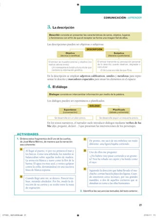 27
COMUNICACIÓN ��APRENDER
3. Ladescripción
Describir consiste en presentar las características de seres, objetos, lugares
o fenómenos con el fin de que el receptor se forme una imagen fiel de ellos.
Las descripciones pueden ser objetivas o subjetivas:
En la descripción se emplean adjetivos calificativos, símiles y metáforas para repre-
sentar lo descrito y marcadores espaciales para situar los elementos en el espacio.
4. Eldiálogo
Dialogar consiste en intercambiar información por medio de la palabra.
Los diálogos pueden ser espontáneos o planificados:
En los textos narrativos, el narrador suele introducir diálogos mediante verbos de ha-
bla (dijo, preguntó, declaró…) que presentan las intervenciones de los personajes.
Espontáneo
(conversación)
Planificado
(debate y entrevista)
�� ���������� ��� �� ���� ������� �� ���������� ����� �� ������� �������
DIÁLOGO
1. Ordena estos fragmentos de El oro de los sueños,
de José María Merino, de manera que la narración
sea coherente:
2. Identifica las secuencias textuales del texto anterior.
ACTIVIDADES
Al llegar al puerto, vi por vez primera el mar y
los barcos. Como una arboleda, los mástiles se
balanceaban sobre aquellas moles de madera.
La arena era blanca y suave como la flor de la
harina. El agua era muy azul, y venía a golpear
contra la orilla, derramándose en una sucesiva
línea de blanca espuma.
A
Cuando llegó ante mí, se detuvo. Pareció titu-
bear, mirando alrededor. Por fin, mudó la di-
rección de su carrera y se ocultó entre la masa
de vegetación.
B
De pronto, me sacó de mi embeleso un ruido
diferente: una figura bajaba corriendo.
C
Uno de ellos me preguntó:
–¿No habéis visto pasar corriendo a un grume-
te? Nos ha robado un capón y ha huido como
el rayo.
D
Siguiendo la dirección que había llevado el mu-
chacho, corrían hacia la playa dos figuras. Cuan-
do estuvieron cerca reconocí, por sus grandes
mandiles, a dos de aquellos cocineros que se
afanaban en torno a las ollas humeantes.
E
Objetiva
(técnica o científica)
Subjetiva
(literaria o publicitaria)
�� ������ �� ������� ������� � �������� ����
������� ��������������
Un cromosoma es la estructura celular que
contiene la información genética.
�� ������ ��������� �� ���������� ���������
�� �� ��������� ����� ���������� �������� ��
�������������
El tío Lucas era más feo que Picio.
DESCRIPCIÓN
���������������������������� ���������������
 