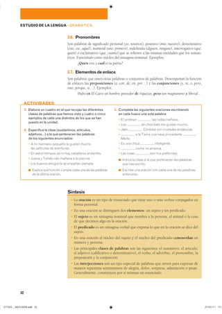 � La oración es un tipo de enunciado que tiene uno o más verbos conjugados en
forma personal.
� En una oración se distinguen dos elementos: un sujeto y un predicado.
� El sujeto es un sintagma nominal que nombra a la persona, el animal o la cosa
de que decimos algo en la oración.
� El predicado es un sintagma verbal que expresa lo que en la oración se dice del
sujeto.
� En una oración el núcleo del sujeto y el núcleo del predicado concuerdan en
número y persona.
� Las principales clases de palabras son las siguientes: el sustantivo, el artículo,
el adjetivo (calificativo o determinativo), el verbo, el adverbio, el pronombre, la
preposición y la conjunción.
� Las interjecciones son un tipo especial de palabras que sirven para expresar de
manera repentina sentimientos de alegría, dolor, sorpresa, admiración o pesar.
Generalmente, constituyen por sí mismas un enunciado.
Síntesis
32
3. Elabora un cuadro en el que recojas las diferentes
clases de palabras que hemos visto y cuatro o cinco
ejemplos de cada una distintos de los que se han
puesto en la unidad.
4. Especifica la clase (sustantivos, artículos,
adjetivos…) a la que pertenecen las palabras
de los siguientes enunciados:
� � �� ������� ������� �� ������ ������
��� ��������� �� ����������
� �� ����� ������� �� �� ��� ���������� ���������
� ����� � ����� ���� ������ � �� ��������
� ��� ������ ������ �� ��������� ��������
◾ ������� ��� ������� ������ ���� ��� �� ��� ���������
�� �� ������ ��������
5. Completa las siguientes oraciones escribiendo
en cada hueco una sola palabra:
� �� �������� ��� ����� �������
� ��� �� ��������� �� ������ ������
� ���� ������� ��� �������� ����������
� � �� ������ ��� ���� ����������
������
� �� ��� ����� ������������
� ����� �� ��������
� ��� ����� ��� ��� �����������
◾ ������ �� ����� � �� ��� ���������� ��� ���������
��� ��� ��������
◾ ������� ��� ������� ��� ���� ��� �� ��� ���������
�����������
ACTIVIDADES
ESTUDIO DE LA LENGUA ��GRAMÁTICA
3.6. Pronombres
Son palabras de significado personal (yo, nosotros), posesivo (mío, nuestro), demostrativo
(este, ese, aquel), numeral (uno, primero), indefinido (alguien, ninguno), interrogativo (qué,
quién) o exclamativo (qué, cuánto) que se refieren a las mismas entidades que los sustan-
tivos. Funcionan como núcleo del sintagma nominal. Ejemplos:
¿Quién eres y cuál es tu patria?
3.7. Elementosdeenlace
Son palabras que unen otras palabras o conjuntos de palabras. Desempeñan la función
de enlaces las preposiciones (a, con, de, en, por…) y las conjunciones (y, ni, o, pero,
sino, porque, si…). Ejemplos:
Hubo en El Cairo un hombre poseedor de riquezas, pero tan magnánimo y liberal…
���������������������������� ���������������
 