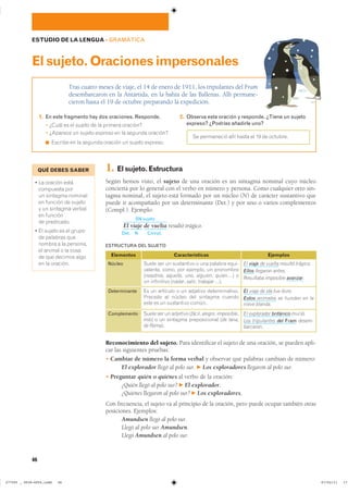 Núcleo
Determinante
Complemento
CaracterísticasElementos
����� ��� �� ���������� � ��� ������� �����
�������� ����� ��� �������� �� ����������
(nosotros� aquello� uno� alguien� quien�� ��
�� ���������� �nadar� salir� trabajar���
�� �� �������� � �� �������� ���������������
������� �� ������ ��� �������� �������
���� �� �� ���������� ������
����� ��� �� �������� �fácil� alegre� imposible��
mío� � �� �������� ������������� �de lana��
de Roma��
El viaje-de vuelta resultó trágico.
Ellos llegaron antes.
Resultaba imposible avanzar.
El-viaje de ida fue duro.
Estos animales se hunden en la
nieve blanda.
El explorador británico murió.
Los tripulantes del Fram desem-
barcaron.
Ejemplos
ESTRUCTURA DEL SUJETO
46
ESTUDIO DE LA LENGUA ��GRAMÁTICA
Tras cuatro meses de viaje, el 14 de enero de 1911, los tripulantes del Fram
desembarcaron en la Antártida, en la bahía de las Ballenas. Allí permane-
cieron hasta el 19 de octubre preparando la expedición.
Elsujeto.Oracionesimpersonales
1. En este fragmento hay dos oraciones. Responde.
� ����� �� �� ������ �� �� ������� ��������
� �������� �� ������ ������� �� �� ������� ��������
◾ ������� �� �� ������� ������� �� ������ ��������
2. Observa esta oración y responde. ¿Tiene un sujeto
expreso? ¿Podrías añadirle uno?
�� ���������� ���� ����� �� �� �� ��������
1. Elsujeto.Estructura
Según hemos visto, el sujeto de una oración es un sintagma nominal cuyo núcleo
concierta por lo general con el verbo en número y persona. Como cualquier otro sin-
tagma nominal, el sujeto está formado por un núcleo (N) de carácter sustantivo que
puede ir acompañado por un determinante (Det.) y por uno o varios complementos
(Compl.). Ejemplo:
SN sujeto
El viaje de vuelta
Det. N Compl.
resultó trágico.
Reconocimiento del sujeto. Para identificar el sujeto de una oración, se pueden apli-
car las siguientes pruebas:
� Cambiar de número la forma verbal y observar qué palabras cambian de número:
El explorador llegó al polo sur. F Los exploradores llegaron al polo sur.
� Preguntar quién o quiénes al verbo de la oración:
¿Quién llegó al polo sur? F El explorador.
¿Quiénes llegaron al polo sur? F Los exploradores.
Con frecuencia, el sujeto va al principio de la oración, pero puede ocupar también otras
posiciones. Ejemplos:
Amundsen llegó al polo sur.
Llegó al polo sur Amundsen.
Llegó Amundsen al polo sur.
QUÉ DEBES SABER
� �� ������� �����
��������� ����
�� �������� ��������
�� ������� �� �������
� �� �������� �������
�� ��������
�� ����������
� �� ������ �� �� ������
�� �������� ����
������ � �� ���������
�� ������ � �� �����
�� ��� ������� �����
�� �� ��������
���������������������������� ��������������
 