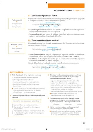 63
ESTUDIO DE LA LENGUA ��GRAMÁTICA
2.1. Estructuradelpredicadoverbal
El predicado verbal está constituido básicamente por un verbo predicativo, que puede
ir acompañado de uno o varios complementos. Ejemplo:
La inacción
Predicado verbal
protege siempre a los verdugos.
N (V pred.) Compl. Compl.
� Los verbos predicativos expresan una acción o un proceso. Son verbos predicati-
vos todos los verbos menos ser, estar y parecer.
� Los complementos son grupos de palabras –adverbios, adjetivos, sintagmas nomi-
nales…– que completan el significado del verbo.
2.2. Estructuradelpredicadonominal
El predicado nominal está formado básicamente por dos elementos: un verbo copula-
tivo y un atributo. Ejemplo:
Los maltratadores
Predicado nominal
son personajes inseguros.
N (V cop.) Atrib.
� Los verbos copulativos sirven de enlace entre el sujeto y la cualidad o el estado que
se dice de ese sujeto. Son verbos copulativos los verbos ser, estar y parecer.
� El atributo es el complemento verbal que en las oraciones con verbo copulativo
nombra una cualidad o un estado del sujeto.
Además del atributo, el predicado nominal puede llevar otros complementos:
Las víctimas
Predicado nominal
son casi siempre muchachos pacíficos.
N Compl. Atrib.
Predicado verbal
I
����� ������������
1
������������
Predicado nominal
I
����� �����������
1
��������
1. Aísla el predicado de las siguientes oraciones:
� ��� ������������ ��� �������� ��� �����
� ���� ������� ����� ��� ����������
� �������� ������ ������� ������ �� �������
� ���� �� �� ��������� ��� ��� �������������
� ��� �������
◾ ������� �� ���������� �� ���� ��������� ����������
��� ������������ �� ������ �� �� ��� ���������
�� ����������� � ��� �������������
2. Observa la siguiente oración y marca las afirmaciones
correctas:
��� ������ ���� �������� ��� �� ����������
�� ������� ����� �� ��������� ��������
�� ��������� �� �� ������� �� iban despacio
por la carretera�
Despacio por la carretera �� �� ����������� �� iban�
�� �� ��������� ��� ��� ������������� despacio
� por la carretera�
3. Delimita el predicado de estas oraciones, subraya
su núcleo e indica si se trata de un predicado
nominal o de un predicado verbal:
� La guerra de las galaxias �� �� �������� ���������
� ��� ������� ����������� �� ��� �����������
� ��� ����������� �� ��������� ��� ���� �� ����������
� ��� ������ �������� ��� �������� ���� �������
� ����� ��� ������ ������� �� ��������
� ��� ������� ���������� ������� ����� ��� �� �������
◾ ������� �� ������������� ��� ��� ��������
���� ���������� �� ���� �� ����������
4. Formula dos oraciones en las que cada uno de
los siguientes sintagmas actúe como sujeto: una
de predicado nominal y otra de predicado verbal.
� �� ������ � ��� ������ � ��� ����
5. Escribe tres oraciones con predicado nominal
y tres oraciones con predicado verbal.
◾ ������� �� ���������� �� ��� ���������� ���������
���� ���������� ��� ��������������� �� ������ ���
�� ��� ���� �� ����������� � ��� �������������
ACTIVIDADES
���������������������������� ���������������
 