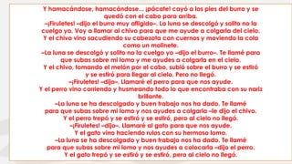 Y hamacándose, hamacándose... ¡pácate! cayó a los pies del burro y se
quedó con el cabo para arriba.
–¡Firuletes! –dijo el burro muy afligido–. La luna se descolgó y solito no la
cuelgo yo. Voy a llamar al chivo para que me ayude a colgarla del cielo.
Y el chivo vino sacudiendo su cabezota con cuernos y moviendo la cola
como un molinete.
–La luna se descolgó y solito no la cuelgo yo –dijo el burro–. Te llamé para
que subas sobre mi lomo y me ayudes a colgarla en el cielo.
Y el chivo, tomando el melón por el cabo, subió sobre el burro y se estiró
y se estiró para llegar al cielo. Pero no llegó.
–¡Firuletes! –dijo–. Llamaré el perro para que nos ayude.
Y el perro vino corriendo y husmeando todo lo que encontraba con su nariz
brillante.
–La luna se ha descolgado y buen trabajo nos ha dado. Te llamé
para que subas sobre mi lomo y nos ayudes a colgarla –le dijo el chivo.
Y el perro trepó y se estiró y se estiró, pero al cielo no llegó.
–¡Firuletes! –dijo–. Llamaré al gato para que nos ayude.
Y el gato vino haciendo rulos con su hermoso lomo.
–La luna se ha descolgado y buen trabajo nos ha dado. Te llamé
para que subas sobre mi lomo y nos ayudes a colocarla –dijo el perro.
Y el gato trepó y se estiró y se estiró, pero al cielo no llegó.

 