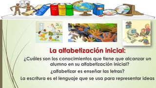 La alfabetización inicial:
¿Cuáles son los conocimientos que tiene que alcanzar un
alumno en su alfabetización inicial?
¿alfabetizar es enseñar las letras?
La escritura es el lenguaje que se usa para representar ideas

 
