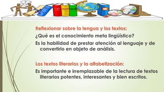 Reflexionar sobre la lengua y los textos:

¿Qué es el conocimiento meta lingüístico?
Es la habilidad de prestar atención al lenguaje y de
convertirlo en objeto de análisis.
Los textos literarios y la alfabetización:
Es importante e irremplazable de la lectura de textos
literarios potentes, interesantes y bien escritos.

 