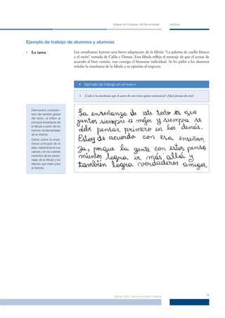 Mapas de Progreso del Aprendizaje            Lectura




Ejemplo de trabajo de alumnos y alumnas

•   La tarea                    Los estudiantes leyeron una breve adaptación de la fábula “La paloma de cuello blanco
                                y el ratón” tomada de Calila e Dimna. Esta fábula reﬂeja el mensaje de que el actuar de
                                acuerdo al bien común, trae consigo el bienestar individual. Se les pidió a los alumnos
                                señalar la enseñanza de la fábula y su opinión al respecto.



                                   •   Ejemplo de trabajo en el nivel »


                                   1. ¿Cuál es la enseñanza que el autor de este texto quiere comunicar? ¿Qué piensas de esto?



    Demuestra compren-
    sión del sentido global
    del texto, al inferir la
    principal enseñanza de
    la fábula a partir de los
    hechos fundamentales
    de la historia.
    Opina sobre la ense-
    ñanza principal de lo
    leído, basándose en sus
    valores y en los valores
    implícitos de los perso-
    najes de la fábula y los
    efectos que traen para
    la historia.




                                                              Marzo 2007, primera versión pública                                11
 