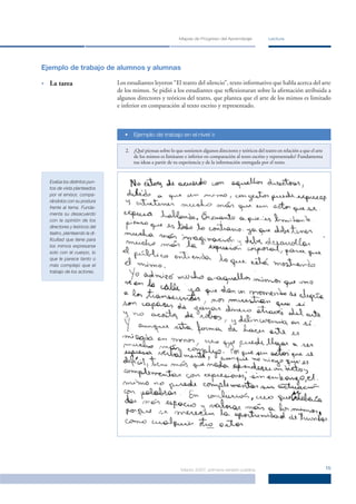 Mapas de Progreso del Aprendizaje               Lectura




Ejemplo de trabajo de alumnos y alumnas

•   La tarea                    Los estudiantes leyeron “El teatro del silencio”, texto informativo que habla acerca del arte
                                de los mimos. Se pidió a los estudiantes que reﬂexionaran sobre la aﬁrmación atribuida a
                                algunos directores y teóricos del teatro, que plantea que el arte de los mimos es limitado
                                e inferior en comparación al texto escrito y representado.



                                   •   Ejemplo de trabajo en el nivel »

                                   2. ¿Qué piensas sobre lo que sostienen algunos directores y teóricos del teatro en relación a que el arte
                                      de los mimos es limitante e inferior en comparación al texto escrito y representado? Fundamenta
                                      tus ideas a partir de tu experiencia y de la información entregada por el texto.


    Evalúa los distintos pun-
    tos de vista planteados
    por el emisor, compa-
    rándolos con su postura
    frente al tema. Funda-
    menta su desacuerdo
    con la opinión de los
    directores y teóricos del
    teatro, planteando la di-
    ﬁcultad que tiene para
    los mimos expresarse
    solo con el cuerpo, lo
    que le parece tanto o
    más complejo que el
    trabajo de los actores.




                                                                Marzo 2007, primera versión pública                                            15
 