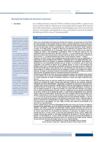 Mapas de Progreso del Aprendizaje     Lectura




Ejemplo de trabajo de alumnos y alumnas

•     La tarea                         Los estudiantes leyeron cuentos de “El llano en llamas” de Juan Rulfo y a partir de una
                                       lectura analítica y reﬂexiva, elaboraron un ensayo grupal sobre la imagen del ser humano
                                       presentada en estos relatos, comparando la visión entregada en los cuentos con la de otros
                                       autores y con la propia, reinterpretando el texto y mostrando las causas de la soledad y
                                       desvalidez que los lleva a buscar “el paraíso perdido”.

                                         •   Ejemplo de trabajo bajo el nivel »
    Demuestran que han leído
    comprensivamente un texto
    literario desaﬁante y de difícil
    interpretación, lo que supo-
    ne una competencia lectora
    bien desarrollada en cuanto
    a la variedad y complejidad
    de textos que están a su
    alcance.
    Los estudiantes realizaron
    una primera interpretación
    del texto basada en la so-
    ledad y precariedad de los
    personajes lanzados a un
    mundo hostil, captando
    énfasis y matices del texto.
    Después de una lectura de
    Eric Fromm, reinterpretan el
    texto mostrando las causas
    de esta situación de soledad
    y desvalidez que los pone
    en busca de un paraíso
    perdido.
    En el texto se presentan opo-
    siciones entre los anhelos de
    los personajes y el mundo
    natural, político y social que
    los rodea. Los estudiantes
    captaron estas oposiciones
    y tomaron una postura de
    empatía hacia los personajes,
    a pesar de que estos viven
    realidades existenciales y
    valóricas diferentes.




                                                                 Marzo 2007, primera versión pública                          19
 