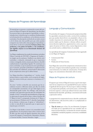 Mapas de Progreso del Aprendizaje         Lectura




Mapas de Progreso del Aprendizaje


 El material que se presenta a continuación es parte del con-           Lenguaje y Comunicación
 junto de Mapas de Progreso del Aprendizaje, que describen
 la secuencia típica en que progresa el aprendizaje, en deter-          El currículum de Lenguaje y Comunicación propone desarrollar
 minadas áreas o dominios que se consideran fundamentales
                                                                        las capacidades comunicativas orales y escritas de los estudiantes
 en la formación de los estudiantes, en los distintos sectores
                                                                        para que puedan desenvolverse con propiedad y eﬁcacia en las
 curriculares. Esta descripción está hecha de un modo conciso
                                                                        variadas situaciones de comunicación que deben enfrentar. Lo
 y de la forma más clara posible para que todos puedan
                                                                        anterior implica que los alumnos y alumnas utilicen con perti-
 compartir esta visión sobre cómo progresa el aprendizaje a
                                                                        nencia discursos explicativos, argumentativos y otros, y que sean
 través de los 12 años de escolaridad. Se busca aclarar a los
 profesores, a los padres de familia y a los estudiantes,               capaces de pensar en forma crítica, razonar lógicamente y tener
 qué signiﬁca mejorar en un determinado dominio del                     una actitud creativa y solidaria frente a la sociedad.
 aprendizaje.
                                                                        Los aprendizajes de Lenguaje y Comunicación se han organizado
 Los Mapas complementan las actuales herramientas curriculares          en tres Mapas de Progreso:
 (Marco Curricular de OF/CMO y Programas de Estudio) y
 en ningún caso las sustituyen. Establecen una relación entre           •   Comunicación Oral.
 currículum y evaluación, orientando lo que es importante               •   Lectura.
 evaluar y entregando criterios comunes para observar y describir       •   Producción de Textos Escritos.
 cualitativamente el aprendizaje logrado. No constituyen un
 nuevo currículum, ya que no promueven otros aprendizajes;              Estos Mapas dan cuenta de las competencias comunicativas claves
 por el contrario, pretenden profundizar la implementación              del sector e integran transversalmente grandes temas curriculares
 del currículum de la Reforma, promoviendo la observación               como la literatura, los medios de comunicación, el manejo de la
 de las competencias claves que se deben formar.                        lengua y los conocimientos elementales sobre la misma.

 Los Mapas describen el aprendizaje en 7 niveles, desde
 primero básico a cuarto medio, con la excepción de Inglés,             Mapa de Progreso de Lectura
 que tiene menos niveles por comenzar su enseñanza en 5°
 básico.
                                                                        El supuesto que orienta el Mapa de Lectura es que lo más impor-
 En estos 7 niveles se describe una secuencia que los es-               tante de esta competencia es la capacidad del lector para construir
 tudiantes recorren a diferentes ritmos, por ello, los niveles          el signiﬁcado del texto que lee. Por esto, lo que se valora en el Mapa
 no corresponden exactamente a lo que todos logran en un                es la comprensión profunda y activa de los textos, y la formación
 determinado grado escolar. Sin embargo, cada nivel está                de lectores expertos y críticos que utilizan la lectura como medio
 asociado a una expectativa para dos años de escolaridad. Por           fundamental de desarrollo, aprendizaje, conocimiento del mundo
 ejemplo, el nivel 1 corresponde aproximadamente al logro que           y apreciación estética.
 se espera para la mayoría de los niños y niñas al término del
 2° Básico; el nivel 2 corresponde al término de 4° Básico y            La progresión de la comprensión lectora se describe considerando
 así sucesivamente. El último nivel (7), describe el aprendizaje        tres dimensiones, cada una de las cuales se va complejizando en
 de un alumno o alumna que al egresar es “sobresaliente”,               los distintos niveles:
 es decir va más allá de la expectativa que se espera para la
 mayoría que es el nivel 6.                                             a. Tipo de textos que se leen. En esta dimensión el progreso
                                                                           está dado por la capacidad de leer una variedad cada vez
 Los Mapas se irán dando a conocer a la comunidad escolar
                                                                           mayor de textos literarios y no literarios de creciente extensión,
 gradualmente. En esta primera etapa se dan a conocer cinco
                                                                           complejidad, variedad de propósitos, estructuras y modalidades
 de ellos, que dan cuenta de algunos dominios clave de los
                                                                           discursivas.
 sectores de Lenguaje y Comunicación, Matemática, Historia
 y Ciencias Sociales, Ciencias Naturales e Inglés.


                                                                    Marzo 2007, primera versión pública                                     3
 