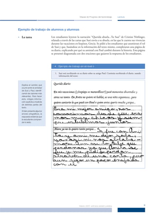 Mapas de Progreso del Aprendizaje         Lectura




Ejemplo de trabajo de alumnos y alumnas

•   La tarea                     Los estudiantes leyeron la narración “Querida abuela...Tu Susi” de Cristine Nötlinger,
                                 relatada a través de las cartas que Susi envía a su abuela, en las que le cuenta sus vivencias
                                 durante las vacaciones en Isopixos, Grecia. Se pidió a los estudiantes que asumieran el rol
                                 de Susi y que, basándose en la información del texto mismo, completaran una página de
                                 su diario, explicando por qué su amistad con Paul cambió durante la historia. Esta página
                                 se presentó diagramada con dos oraciones que guiaron la respuesta de los estudiantes.



                                    •   Ejemplo de trabajo en el nivel »


                                    1. Susi está escribiendo en su diario sobre su amigo Paul. Continúa escribiendo el diario, usando
                                       información del texto:


    Explica el cambio que
    ocurre entre la amistad
    de Susi y Paul, identiﬁ-
    cando las razones más
    relevantes. Para hacer
    esto, integra informa-
    ción explícita e implícita
    de distintas partes del
    texto.
    Si bien presenta algunos
    errores ortográﬁcos, la
    respuesta evidencia que
    la estudiante compren-
    de lo leído.




                                                               Marzo 2007, primera versión pública                                      9
 