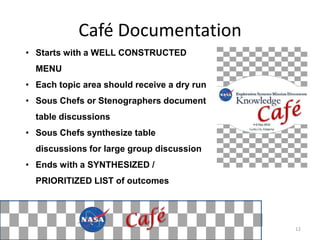 Café Documentation
• Starts with a WELL CONSTRUCTED
  MENU
• Each topic area should receive a dry run
• Sous Chefs or Stenographers document
  table discussions
• Sous Chefs synthesize table
  discussions for large group discussion
• Ends with a SYNTHESIZED /
  PRIORITIZED LIST of outcomes




                                             12
 