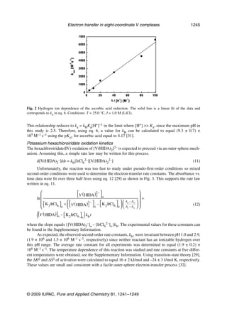 Electron transfer in eight-coordinate V complexes                          1245




Fig. 2 Hydrogen ion dependence of the ascorbic acid reduction. The solid line is a linear fit of the data and
corresponds to ka in eq. 6. Conditions: T = 25.0 °C, I = 1.0 M (LiCl).


This relationship reduces to ka = kHKa[H+]–1 in the limit where [H+] >> Ka, since the maximum pH in
this study is 2.5. Therefore, using eq. 6, a value for kH can be calculated to equal (9.3 ± 0.7) ×
105 M–1 s–1 using the pKa1 for ascorbic acid equal to 4.17 [31].
Potassium hexachloroiridate oxidation kinetics
The hexachloroiridate(IV) oxidation of [V(HIDA)2]2– is expected to proceed via an outer-sphere mech-
anism. Assuming this, a simple rate law may be written for this process.
      d[V(HIDA)2–]/dt = kIr[IrCl62–][V(HIDA)22–]                                                        (11)
      Unfortunately, the reaction was too fast to study under pseudo-first-order conditions so mixed
second-order conditions were used to determine the electron-transfer rate constants. The absorbance vs.
time data were fit over three half lives using eq. 12 [29] as shown in Fig. 3. This supports the rate law
written in eq. 11.

                                  V ( HIDA )2 –                           
                                             2 o                          =
      ln
                                       2–                  Ao – A∞  
          K 2 IrCl 6 o +  V ( HIDA )2 o – K 2 IrCl 6 o   A – A  
                                                            t ∞
                                                                                                        (12)

      ([V (HIDA )]  o   –  K 2 IrCl6 
                                        o   )k t
                                                Ir

where the slope equals {[V(HIDA)2–]o – [IrCl62–]o}kIr. The experimental values for these constants can
be found in the Supplementary Information.
      As expected, the observed second-order rate constants, kIr, were invariant between pH 1.0 and 2.9,
(1.9 × 106 and 1.5 × 106 M–1 s–1, respectively) since neither reactant has an ionizable hydrogen over
this pH range. The average rate constant for all experiments was determined to equal (1.9 ± 0.2) ×
106 M–1 s–1. The temperature dependence of this reaction was studied and rate constants at five differ-
ent temperatures were obtained, see the Supplementary Information. Using transition-state theory [29],
the ∆H‡ and ∆S‡ of activation were calculated to equal 16 ± 2 kJ/mol and –24 ± 3 J/mol K, respectively.
These values are small and consistent with a facile outer-sphere electron-transfer process [32].




© 2009 IUPAC, Pure and Applied Chemistry 81, 1241–1249
 