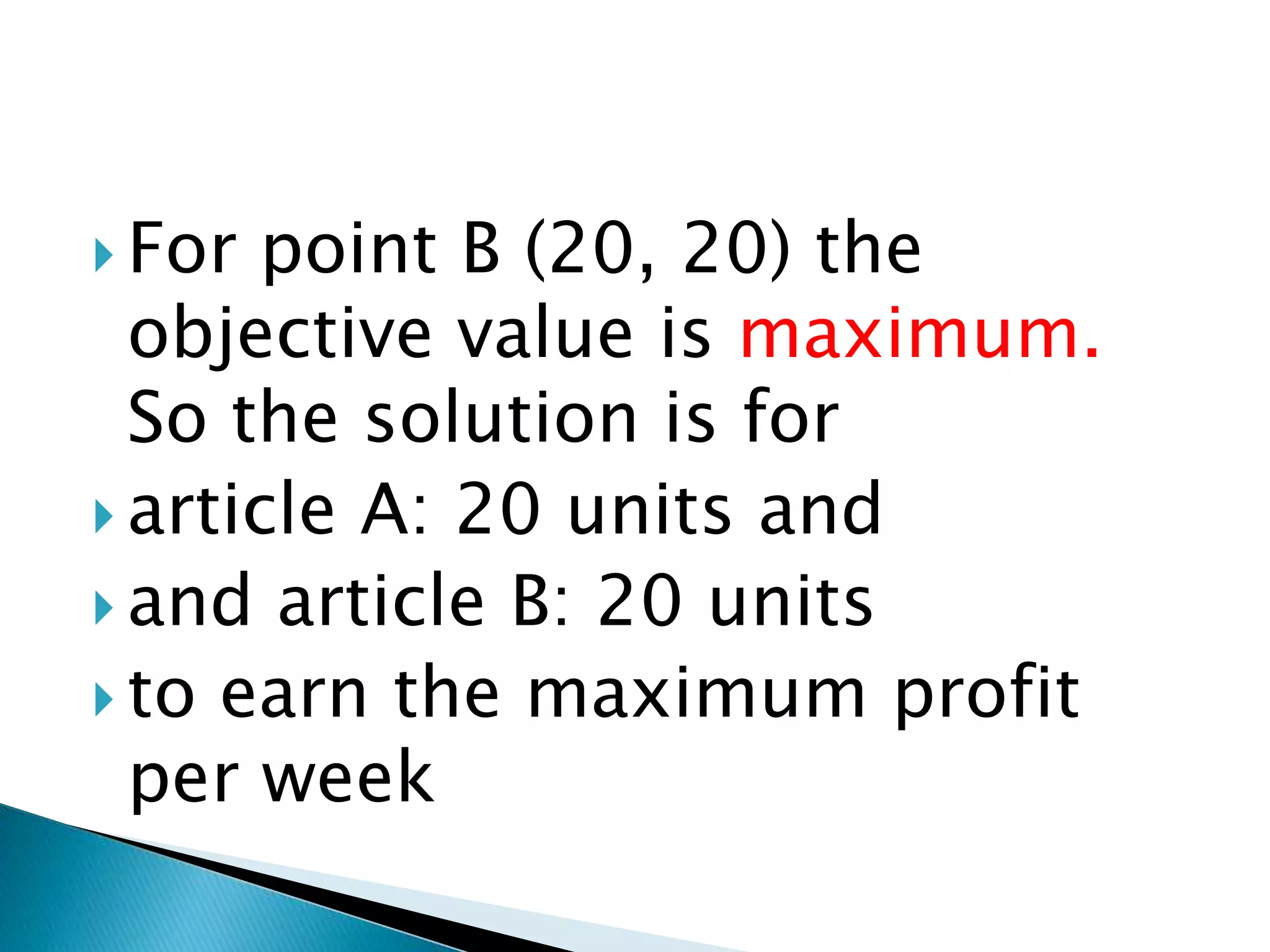  For point B (20, 20) the
objective value is maximum.
So the solution is for
 article A: 20 units and
 and article B: 20 units
 to earn the maximum profit
per week
 